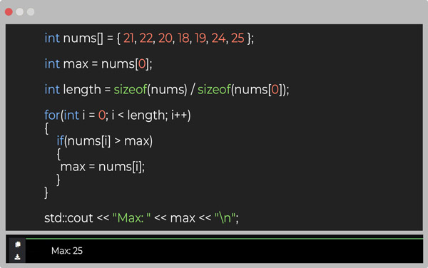 Пример кода для нахождения максимального значения в массиве на C++